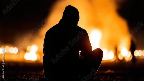 Man sits calmly as flames illuminate the night sky
