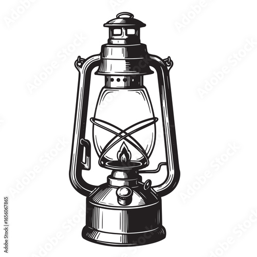 Detailed black and white illustration of a traditional vintage kerosene lantern with burning flame