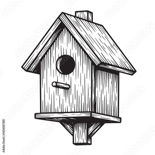 Detailed black and white illustration of a traditional wooden birdhouse for backyard decoration