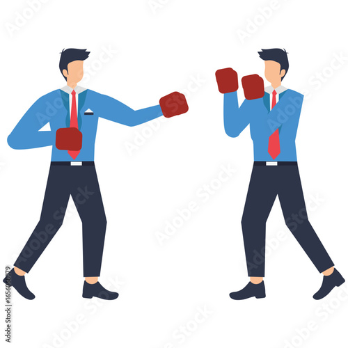 Businessmen in boxing stance ready for competition and challenge, conveying corporate rivalry and strategy