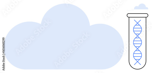 Blue cloud alongside test tube with DNA strand visualizes the fusion of genetics and cloud computing. Ideal for science, innovation, data storage, biotechnology, research, technology, simple flat