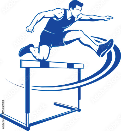 Stylized graphic illustration of a male athlete hurdling over an obstacle in a track and field event, depicted in blue and white.