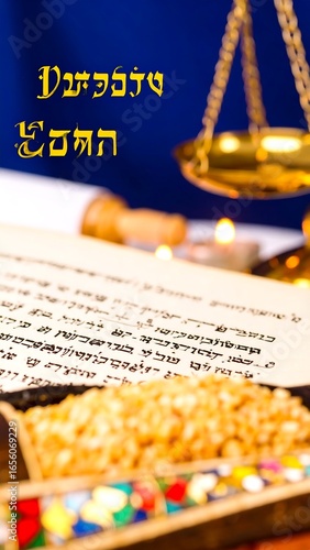 Religious text, scales, and candles