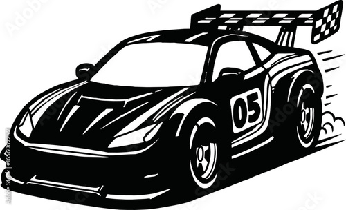 Black and white illustration of a race car with a spoiler and the number 05 on the side.