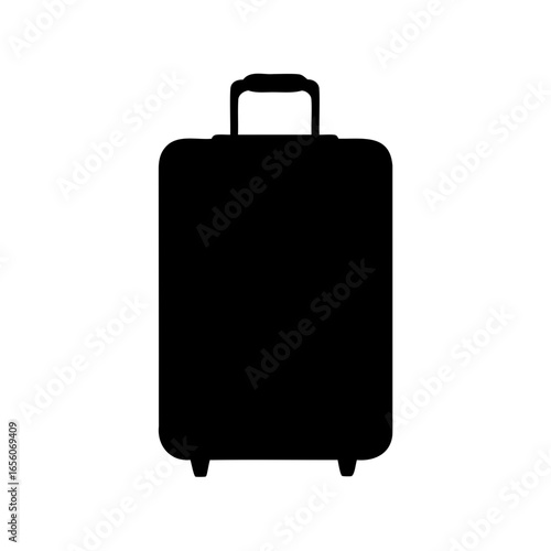 Black silhouette of a suitcase with handle and wheels ready for travel