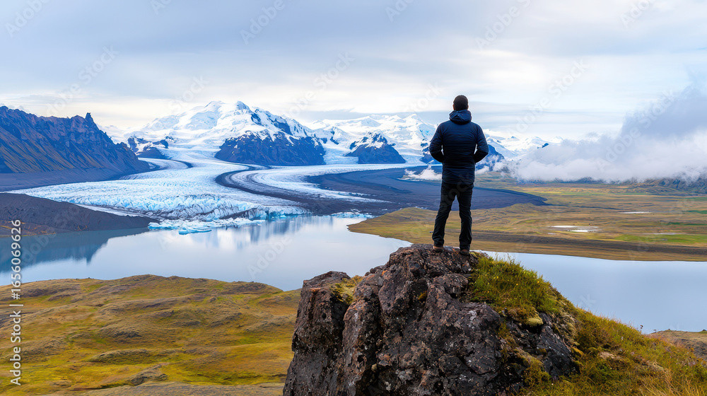 Obraz premium Breathtaking view of person standing rocky outcrop, overlooking vast glacier and serene lake surrounded by mountains. scene captures beauty