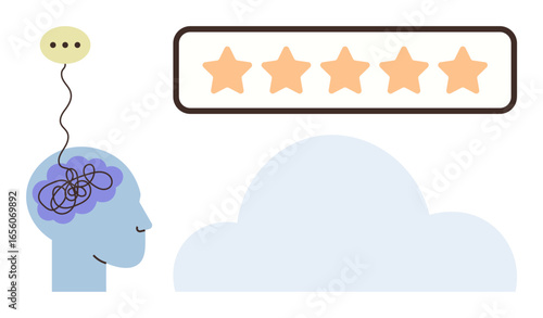 Blue head with tangled brain connected to thought bubble, cloud, five golden stars. Ideal for feedback, mental health, creativity, innovation, psychology, decision-making simple flat metaphor