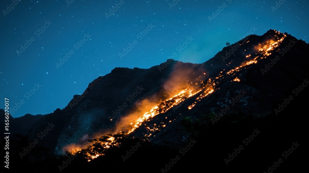 Fototapeta premium Active Volcano Erupting at Night with Glowing Lava Flows and Dramatic Smoke Clouds Beneath a Starry Sky in Cinematic Nature Photography 