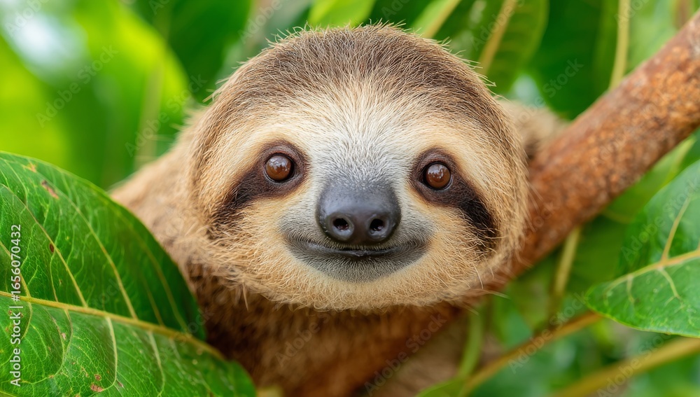 Fototapeta premium The picture features a sloth hanging in a tree, giving a detailed view of the animal as it exists in its natural surroundings