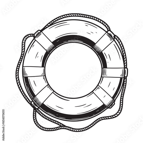 Hand drawn illustration of a classic lifebuoy with a rope around it nautical design