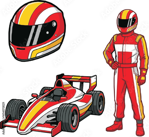 Cartoon illustration of a race car, driver, and helmet, all in red and yellow.