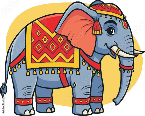 A cheerful cartoon of a decorated Indian elephant wearing a colorful traditional costume and headdress.