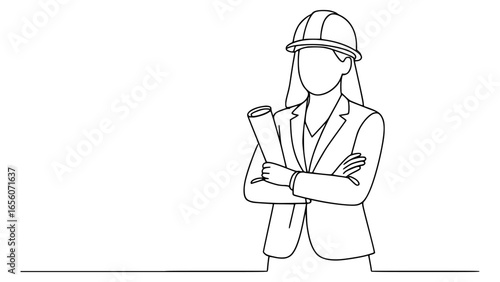 one continuous line drawing of young female architect holding blueprint paper pose cross arms flat color vector illustration template design