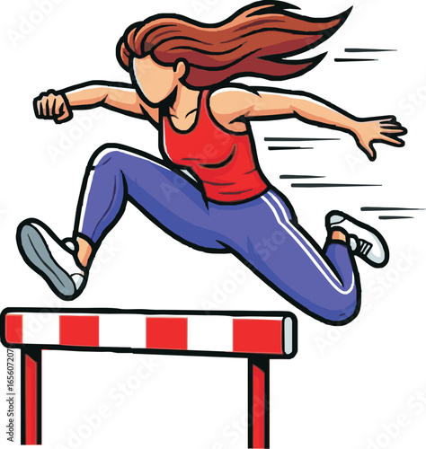 A female hurdler in mid-jump over a hurdle.
