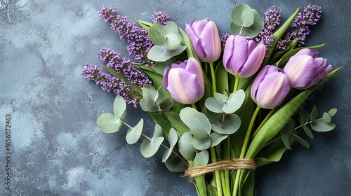 Web design purple background with flat lay flowers tulips eucalyptus on right, copy space minimalist style, sharp focus high resolution.