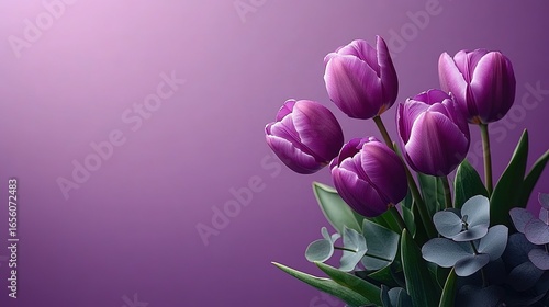Purple color floral flat lay design with tulips and eucalyptus on right side, minimalist copy space background, high resolution.