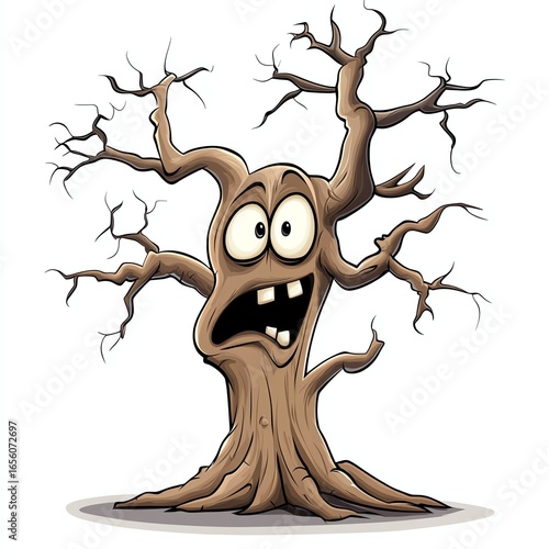 Cartoon scary tree with face isolate white background