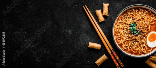 Asian-inspired instant noodles in a bowl, with chopsticks and spring rolls on a dark background