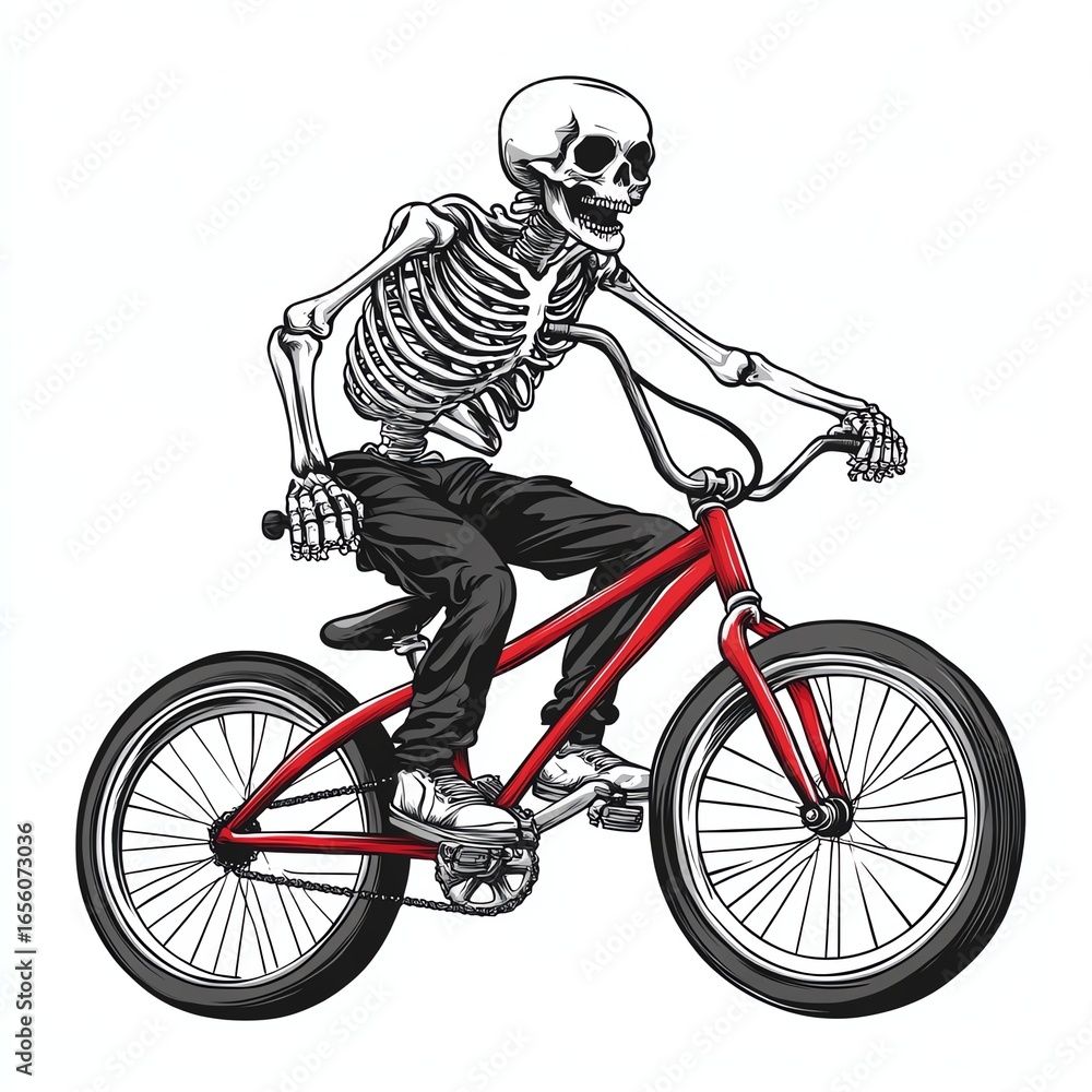 Naklejka premium Cartoon skeleton riding bike isolate white background