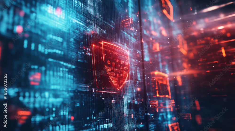 Fototapeta premium Digital security shield on a futuristic background with glowing lines and abstract shapes around it