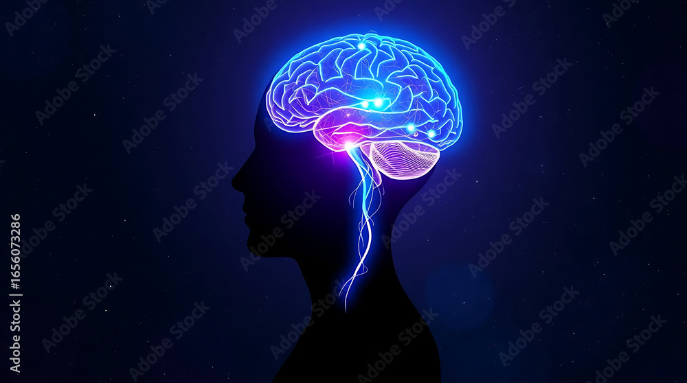 Obraz premium Digital brain silhouette with glowing neural network, representing intelligence, cognitive function, and neurological research for medical and scientific advancement