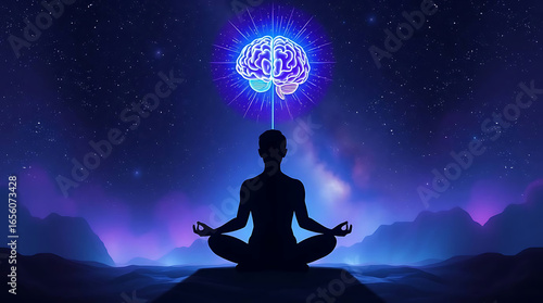 Meditating silhouette with glowing brain in starry night, representing mindfulness, consciousness, and spiritual awareness for inner peace and mental balance