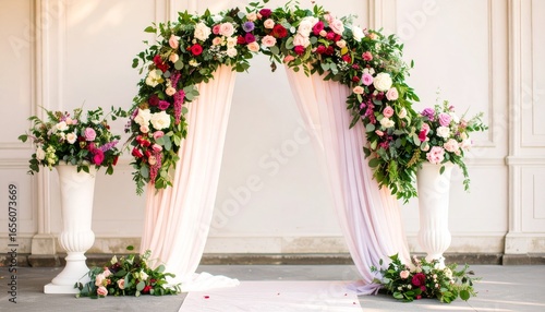 Elegant Wedding Arch Decorated with Lush Floral Arrangements and Drapery