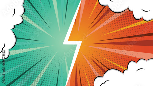 Retro comic style background featuring halftone dots, sunburst rays, clouds, and a split green and orange design, ideal for posters, banners, covers, and creative projects.