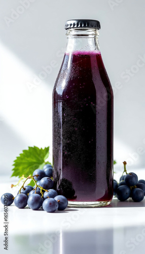 Close-up of organic black grape beverage in clear bottle, fresh and premium.