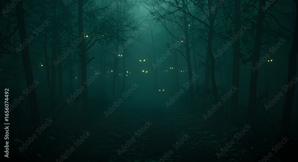 Obraz premium Dark Spooky Forest with Glowing Eyes on Halloween Night