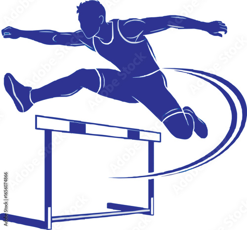 Dynamic blue illustration of a male athlete in mid-air, jumping over a hurdle in a track and field event.