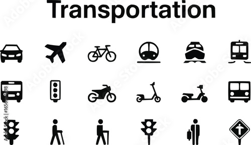 Comprehensive Collection of Black Transportation Icons Depicting Diverse Modes of Travel and Traffic Management Systems for Modern Urban Living