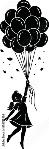 Silhouette of a girl holding a bunch of balloons, floating in the air.