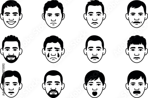 Twelve Diverse Male Facial Expressions: Black and White Icons