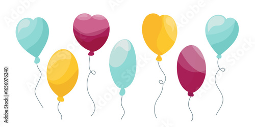 Colorful party balloons illustration, festive decoration for birthday, celebration, anniversary or holiday event, bright vector design with helium balloons isolated on white background.
