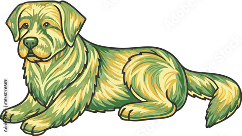 Illustration of a golden retriever lying down with green and yellow fur pattern design style art