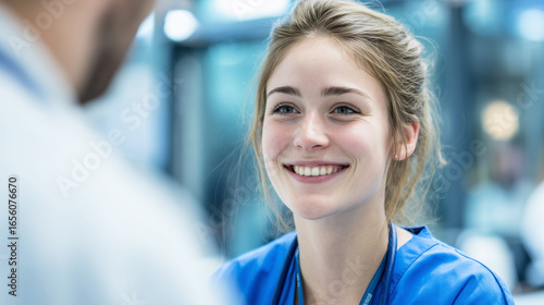 Sympathische Krankenschwester in Ausbildung spricht mit Arzt 