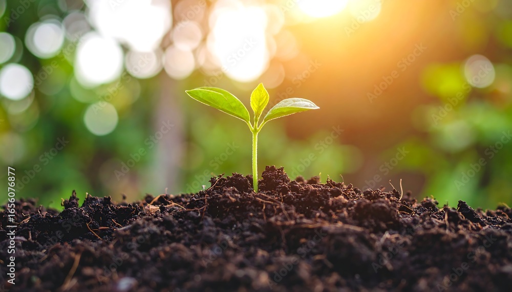 Fototapeta premium A vibrant young sprout emerges from rich, dark earth, bathed in natural sunlight, showcasing a hopeful and flourishing scene.