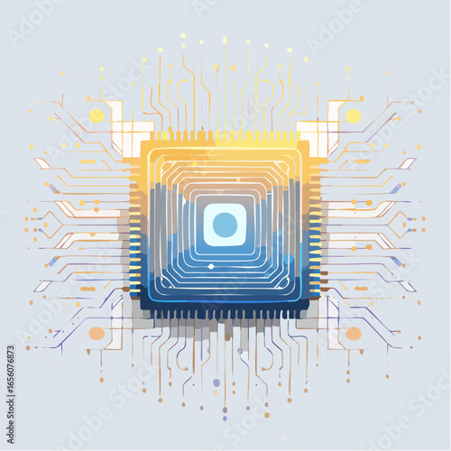 Unique quantum computing vector illustration with futuristic chip and geometric circuit grid. Minimal clean design, perfect for technology, innovation, and research projects.