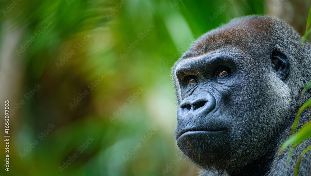 Obraz premium In its natural habitat, a Silverback gorilla sits majestically, encircled by an abundance of vibrant and rich green vegetation, embodying both power and peacefulness