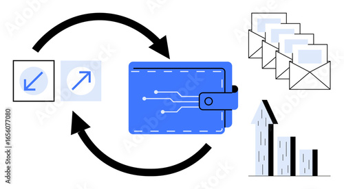 Electronic wallet with data flow arrows, envelopes symbolizing communication, and a growing bar chart. Ideal for finance, digital transactions, communication, investment, analytics, fintech simple