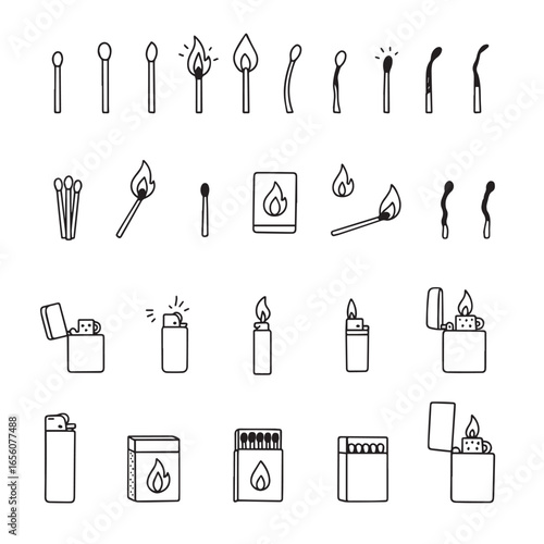 Vector illustration featuring the progression of matches and lighters, displaying various stages from ignition to extinguished. Includes detailed sketches of matchsticks, flames, and lighter designs.