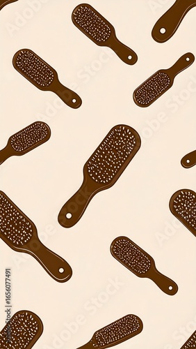 Repeated brown hairbrushes on beige background