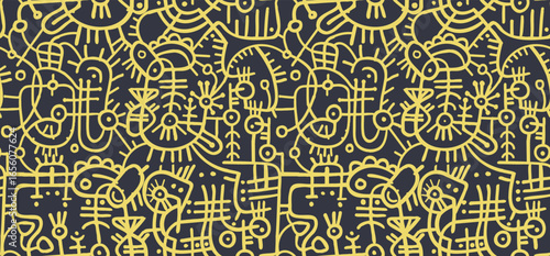 A complex pattern of abstract yellow line drawings on a dark background, featuring stylized faces, geometric shapes, and organic forms.