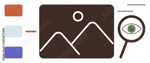 Magnifying glass over image with checkmark and surrounding color palette boxes. Ideal for design, editing, quality control, content curation, branding, marketing, digital tools, simple flat metaphor