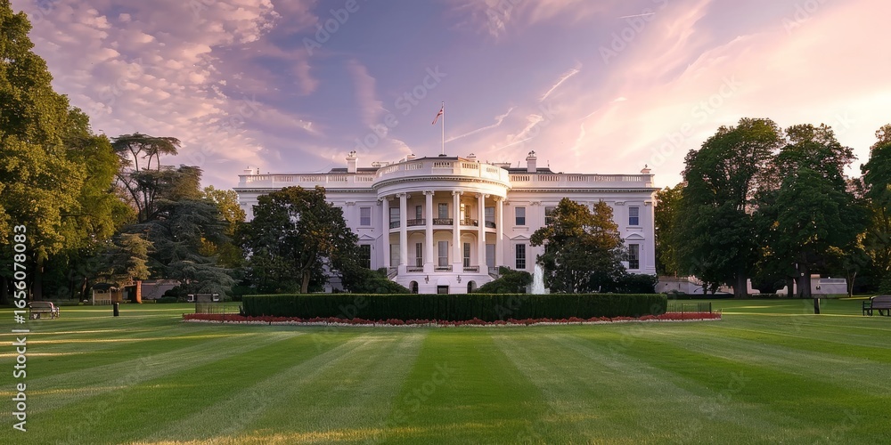 Fototapeta premium White house shining in morning sunlight with lush green lawn