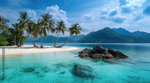 Tropical island paradise with turquoise water and palm trees