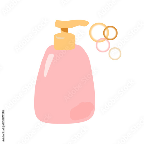 Pink and orange liquid soap bottle with soap bubbles