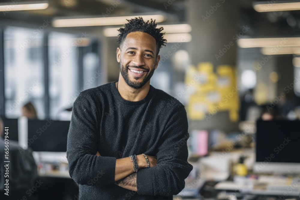 Fototapeta premium Portrait of a cheerful man with standing confidently with arms crossed in a contemporary open-plan office workspace.