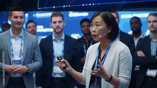 Asian Woman Presenting Before a Diverse Audience in a Blue Lit Conference Setting